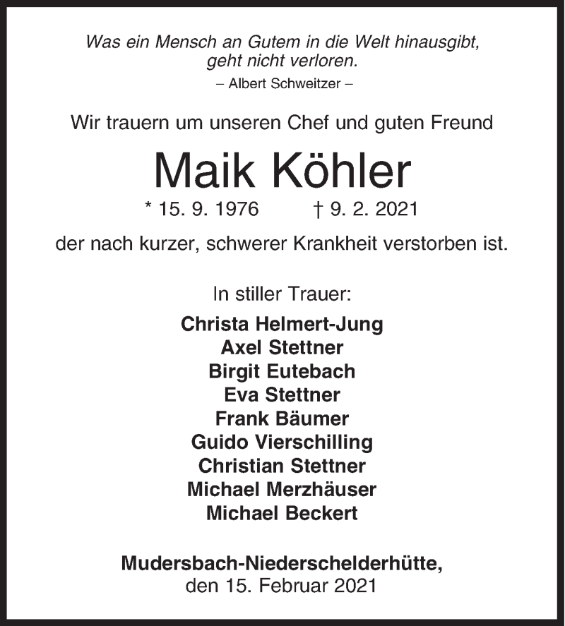  Traueranzeige für Maik Köhler vom 15.02.2021 aus Siegener Zeitung