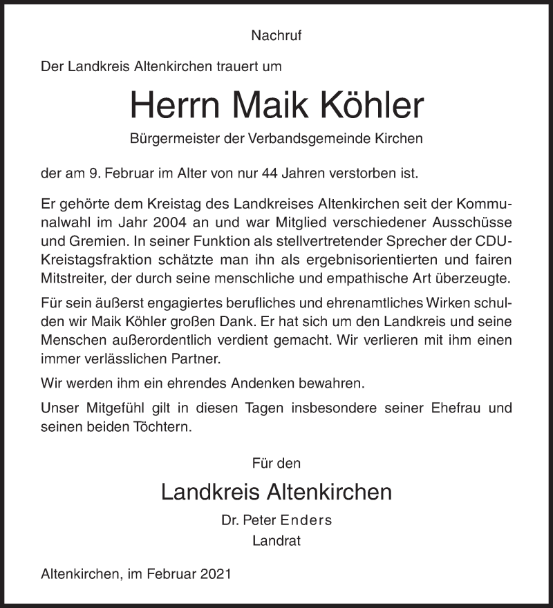  Traueranzeige für Maik Köhler vom 15.02.2021 aus Siegener Zeitung