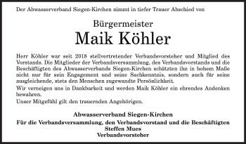 Traueranzeige von Maik Köhler von Siegener Zeitung
