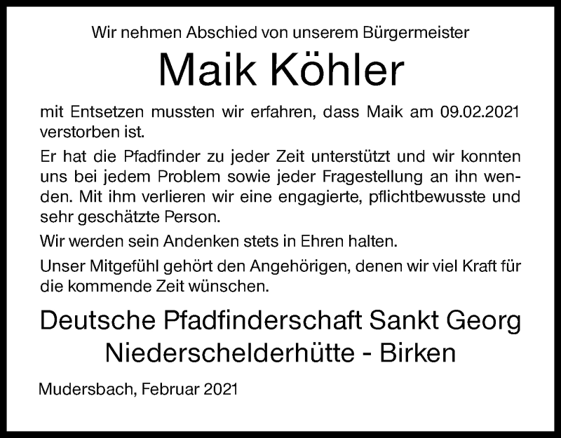  Traueranzeige für Maik Köhler vom 15.02.2021 aus Siegener Zeitung