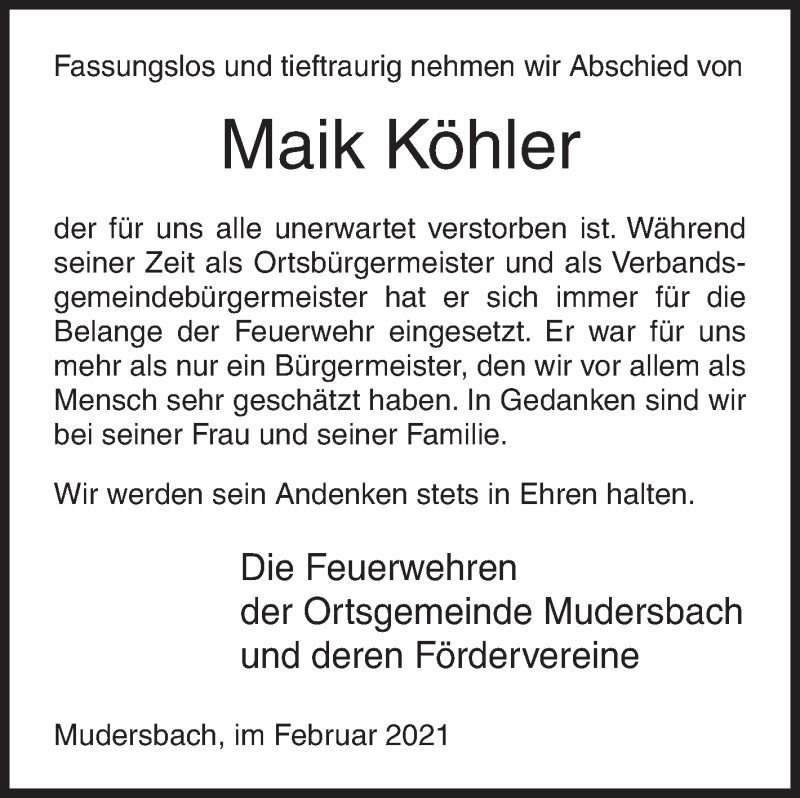  Traueranzeige für Maik Köhler vom 15.02.2021 aus Siegener Zeitung