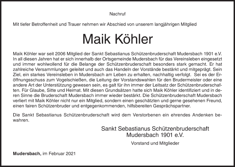  Traueranzeige für Maik Köhler vom 17.02.2021 aus Siegener Zeitung