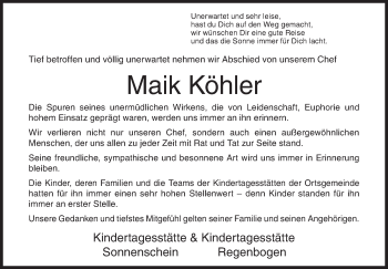 Traueranzeige von Maik Köhler von Siegener Zeitung
