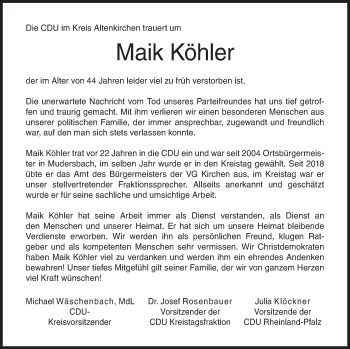 Traueranzeige von Maik Köhler von Siegener Zeitung