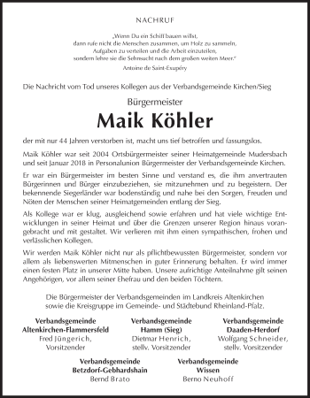 Traueranzeige von Maik Köhler von Siegener Zeitung