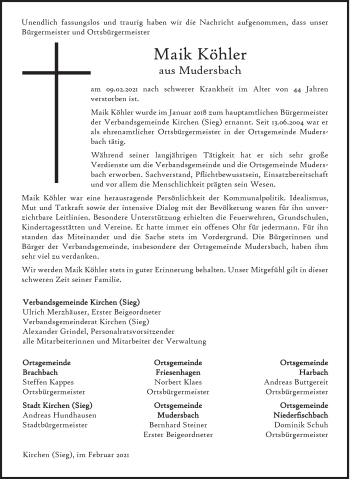 Traueranzeige von Maik Köhler von Siegener Zeitung