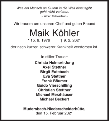 Traueranzeige von Maik Köhler von Siegener Zeitung