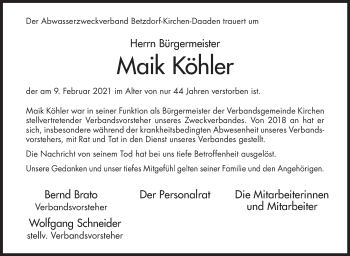 Traueranzeige von Maik Köhler von Siegener Zeitung