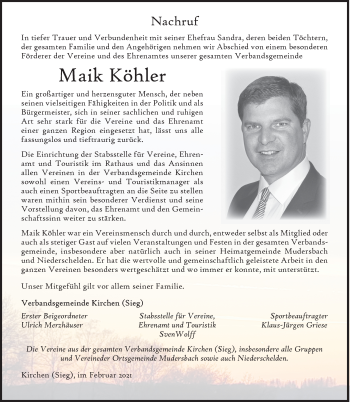 Traueranzeige von Maik Köhler von Siegener Zeitung