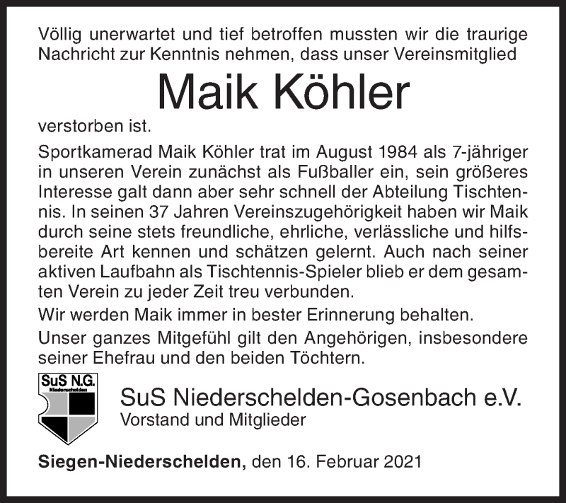  Traueranzeige für Maik Köhler vom 16.02.2021 aus Siegener Zeitung