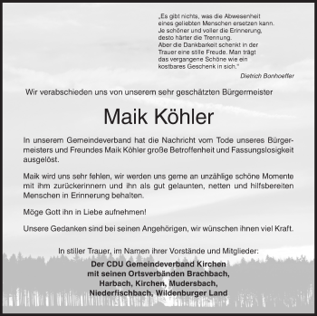 Traueranzeige von Maik Köhler von Siegener Zeitung