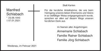 Traueranzeige von Manfred Schlabach von Siegener Zeitung