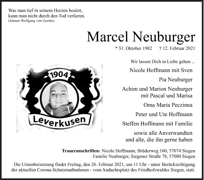  Traueranzeige für Marcel Neuburger vom 22.02.2021 aus Siegener Zeitung