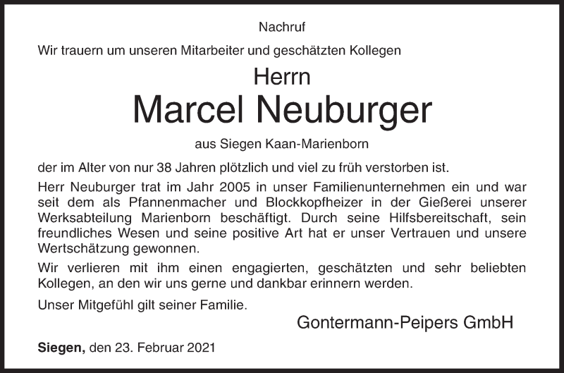  Traueranzeige für Marcel Neuburger vom 23.02.2021 aus Siegener Zeitung