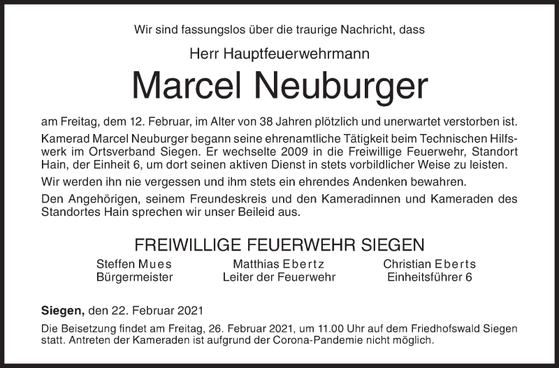  Traueranzeige für Marcel Neuburger vom 22.02.2021 aus Siegener Zeitung