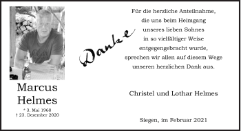 Traueranzeige von Marcus Helmes von Siegener Zeitung