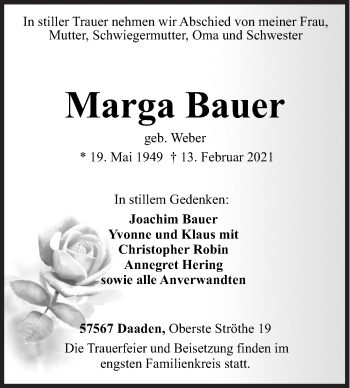 Traueranzeige von Marga Bauer von Siegener Zeitung