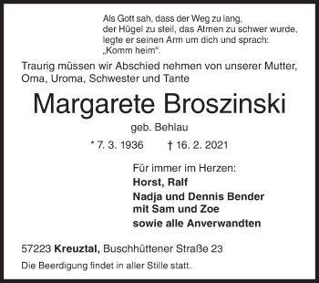 Traueranzeige von Margarete Broszinski von Siegener Zeitung