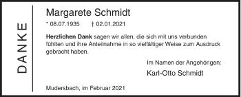 Traueranzeige von Margarete Schmidt von Siegener Zeitung