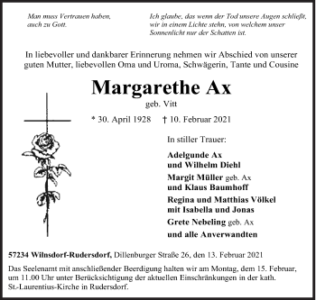 Traueranzeige von Margarethe Ax von Siegener Zeitung