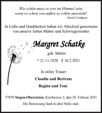 Traueranzeige von Margret Schatke von Siegener Zeitung