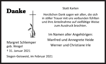 Traueranzeige von Margret Schlemper von Siegener Zeitung