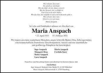 Traueranzeige von Maria Anspach von Siegener Zeitung
