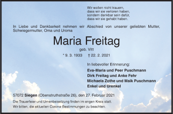 Traueranzeige von Maria Freitag von Siegener Zeitung