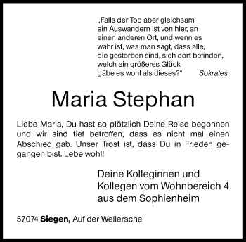 Traueranzeige von Maria Stephan von Siegener Zeitung