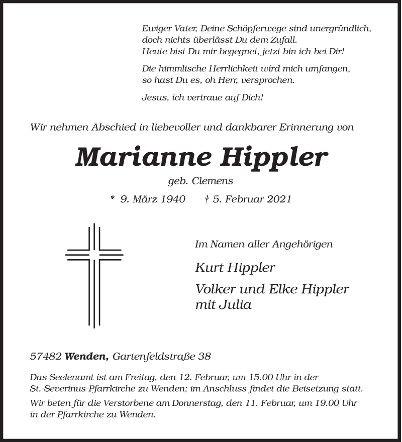  Traueranzeige für Marianne Hippler vom 09.02.2021 aus Siegener Zeitung