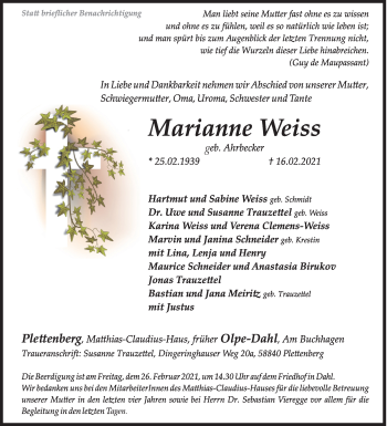 Traueranzeige von Marianne Weiss von Siegener Zeitung