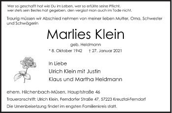 Traueranzeige von Marlies Klein von Siegener Zeitung