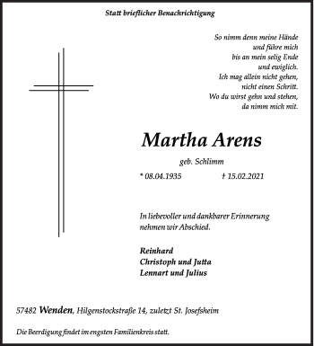 Traueranzeige von Martha Arens von Siegener Zeitung