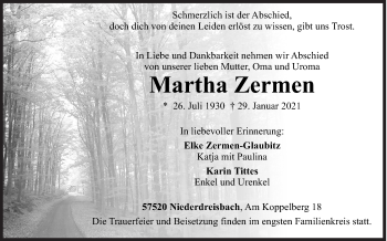 Traueranzeige von Martha Zermen von Siegener Zeitung