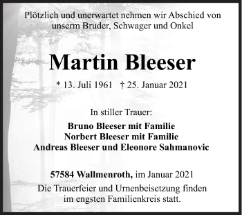 Traueranzeige von Martin Bleeser von Siegener Zeitung