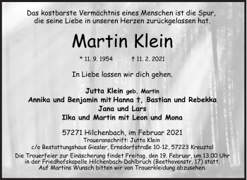 Traueranzeige von Martin Klein von Siegener Zeitung