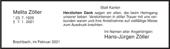 Traueranzeige von Melita Zöller von Siegener Zeitung