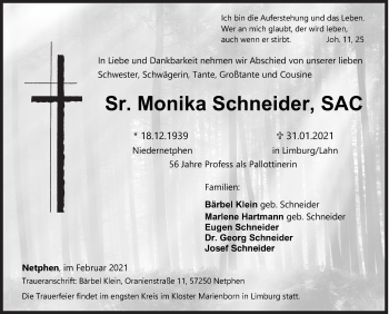 Traueranzeige von Monika Schneider von Siegener Zeitung