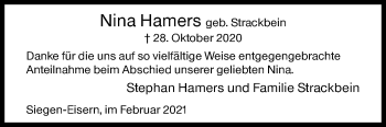 Traueranzeige von Nina Hamers von Siegener Zeitung
