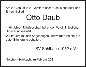 Traueranzeige von Otto Daub von Siegener Zeitung