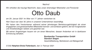 Traueranzeige von Otto Daub von Siegener Zeitung