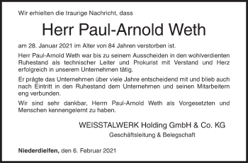 Traueranzeige von Paul-Arnold Weth von Siegener Zeitung