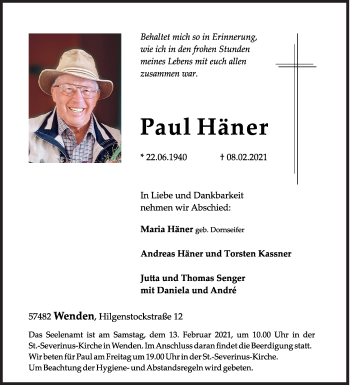 Traueranzeige von Paul Häner von Siegener Zeitung
