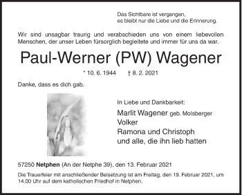Traueranzeige von Paul-Werner Wagener von Siegener Zeitung