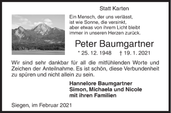 Traueranzeige von Peter Baumgartner von Siegener Zeitung