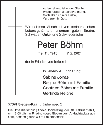Traueranzeige von Peter Böhm von Siegener Zeitung
