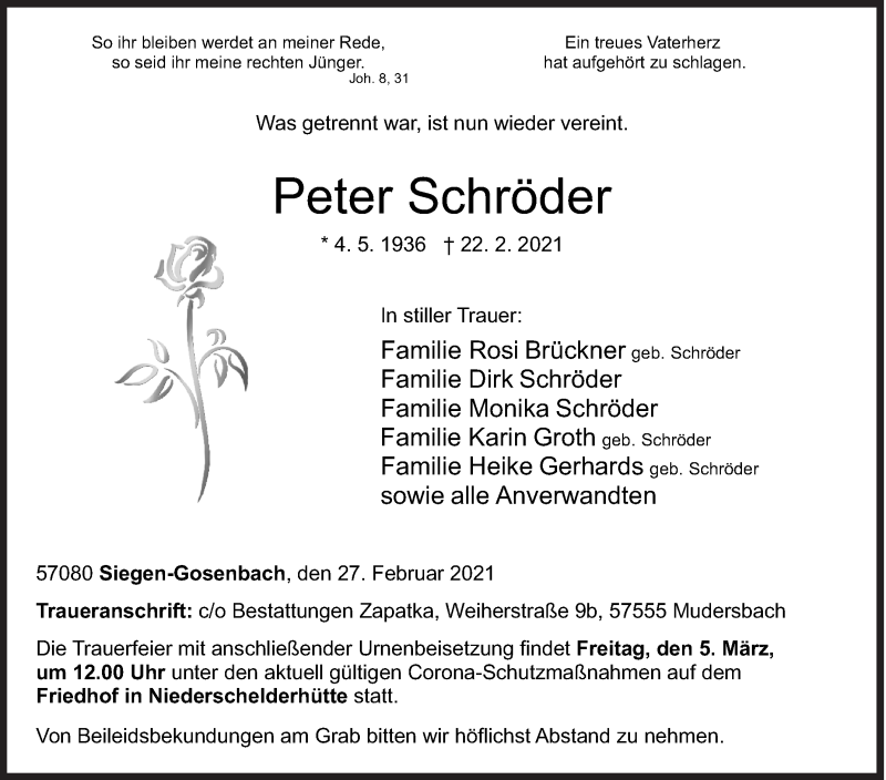  Traueranzeige für Peter Schröder vom 27.02.2021 aus Siegener Zeitung