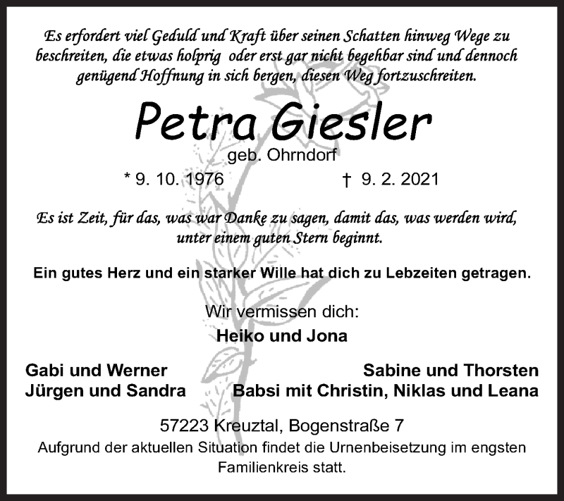  Traueranzeige für Petra Giesler vom 17.02.2021 aus Siegener Zeitung