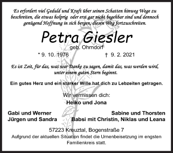 Traueranzeige von Petra Giesler von Siegener Zeitung