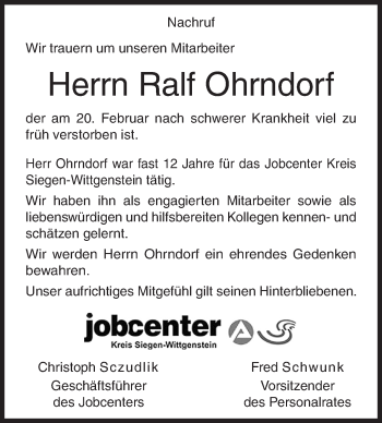 Traueranzeige von Ralf Ohrndorf von Siegener Zeitung